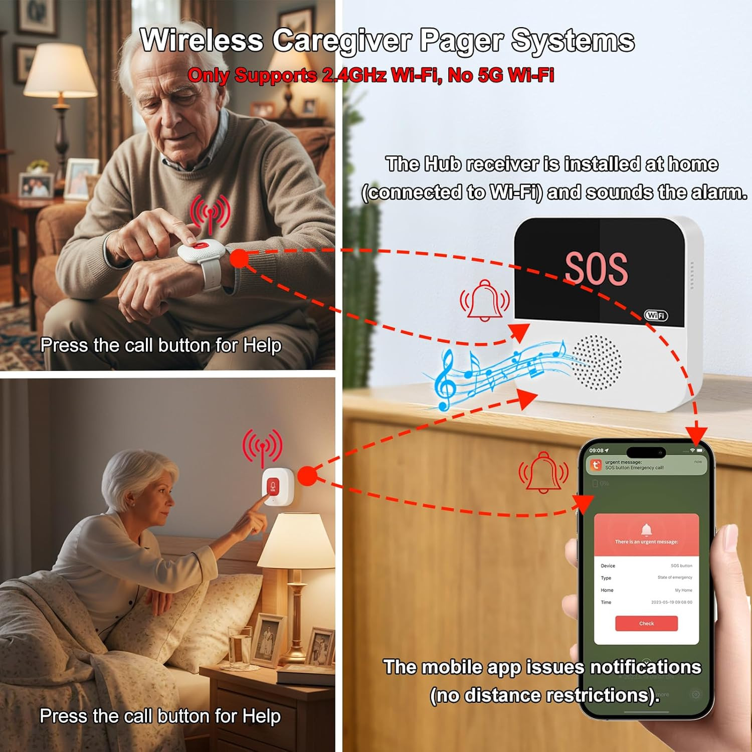 Wireless Caregiver Pager Life Alert System for Seniors No Monthly Fee, Wi-Fi APP