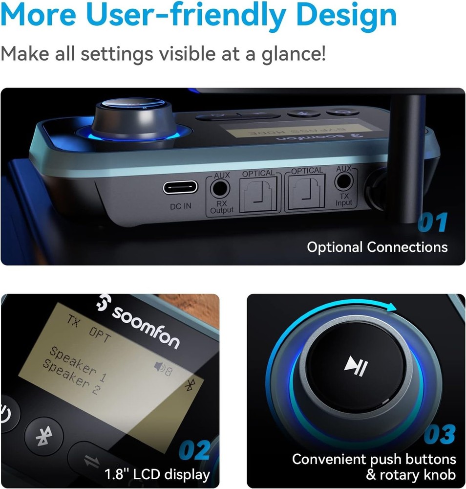 3-in-1 Bluetooth Transmitter Receiver for TV - LCD Display & Volume Control