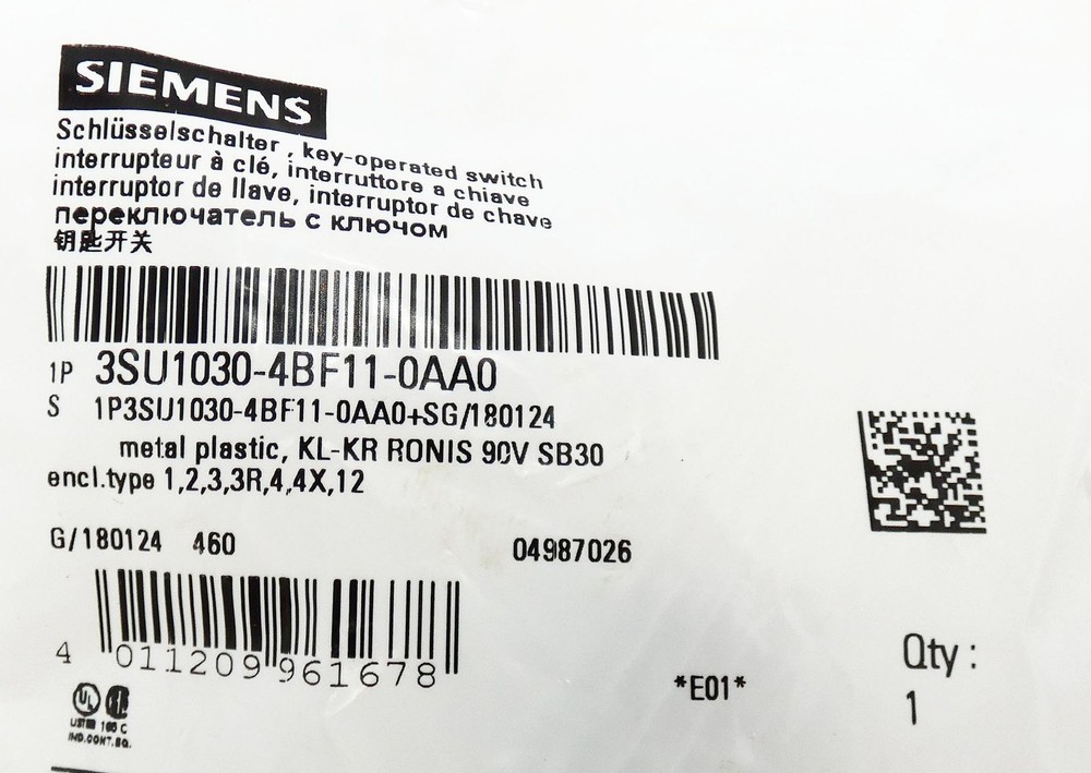 Siemens 3SU1030-4BF11-0AA0 E:01 key switch -unused/original packaging-
