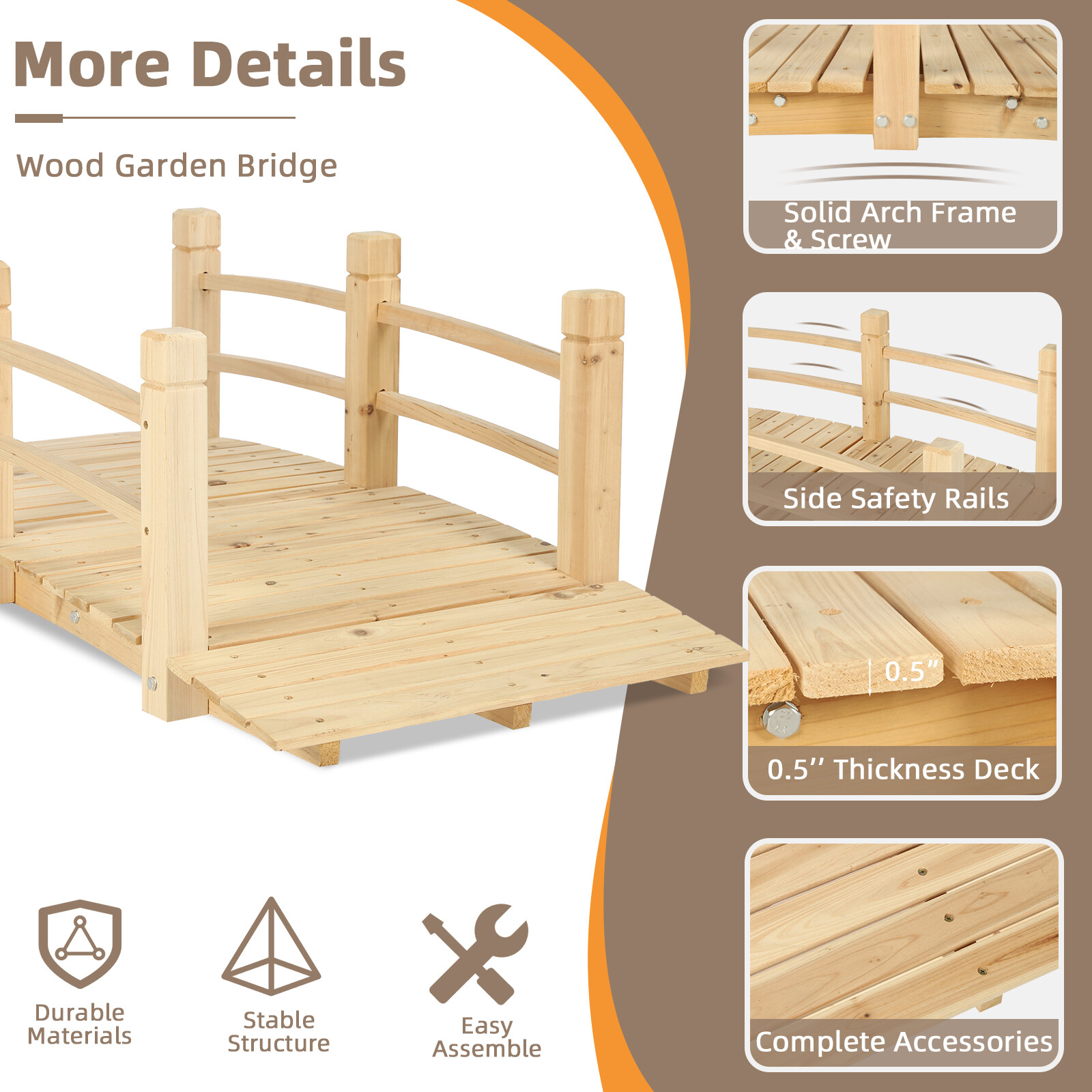 5Ft Garden Bridge Yard Decoration Wooden Arch Bridge Outdoor Pond w/ Railings