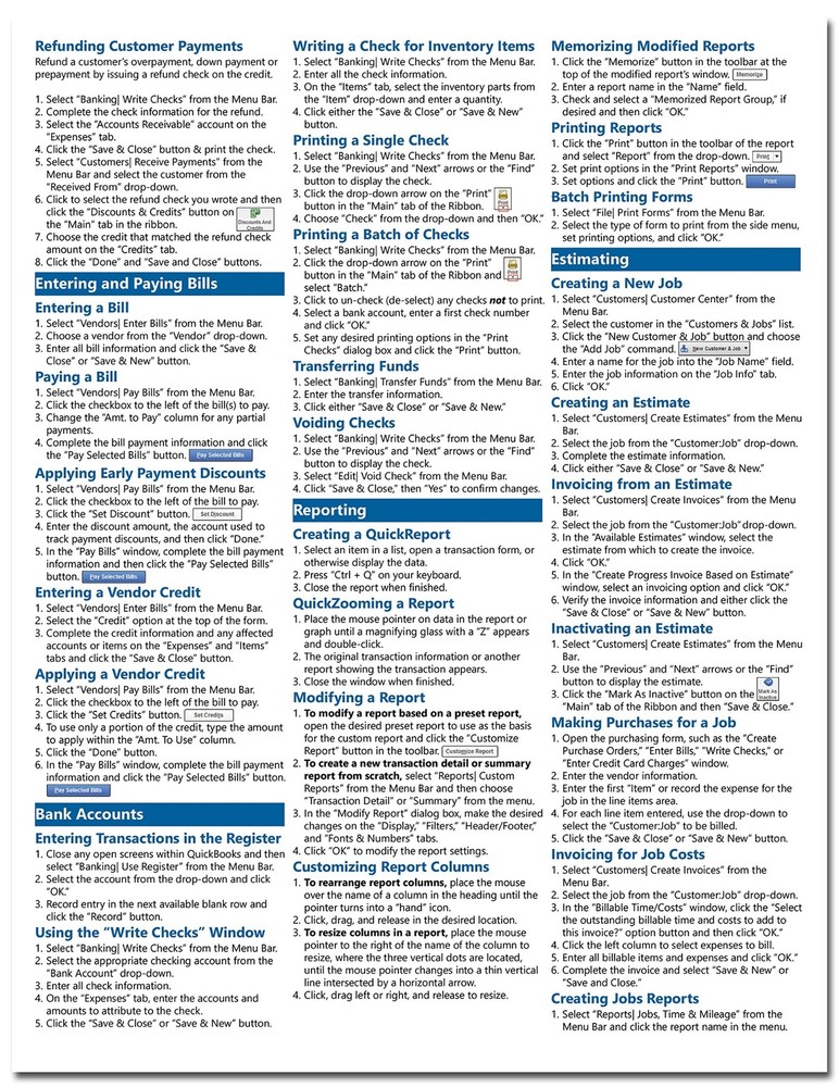QuickBooks Pro 2016 Training Guide Quick Reference Card 4 Page Cheat Sheet