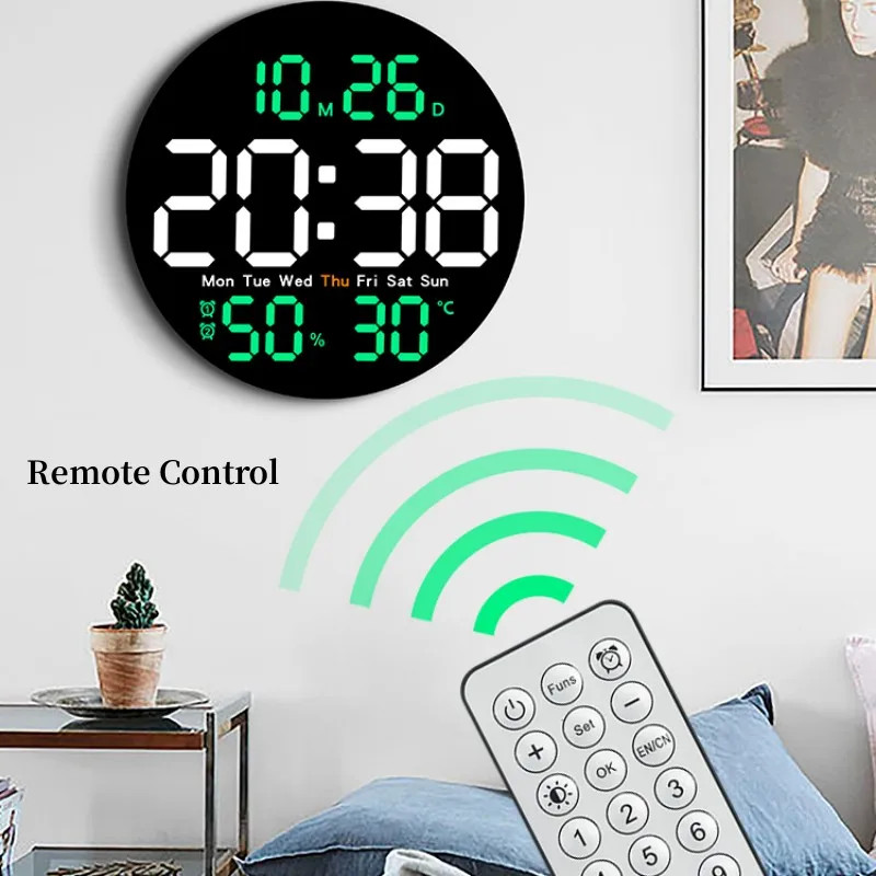 10 Inch Remote Control Digital Wall Clock Temperature Humidity Date Week Timing