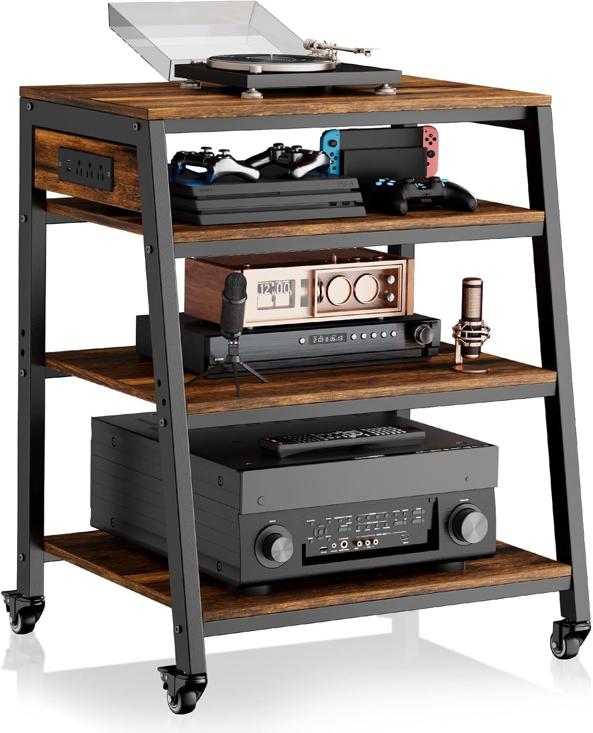 AV Media Stand Stereo Cabinet Audio Rack W/ Side Power Strip Shelves 4-Tier