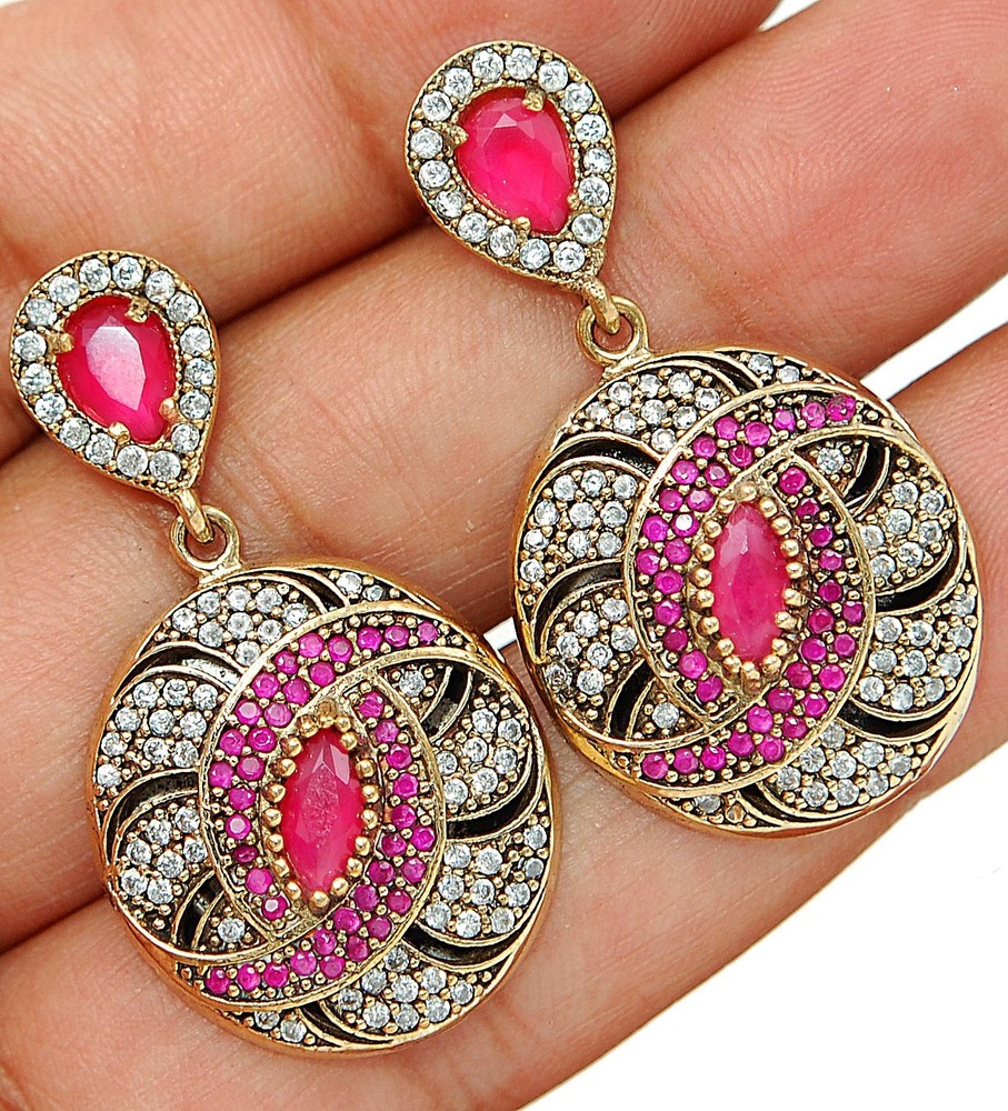 Ottoman Empire Style 12CT Treated Ruby Solid 925 Sterling Silver Earrings TB1491
