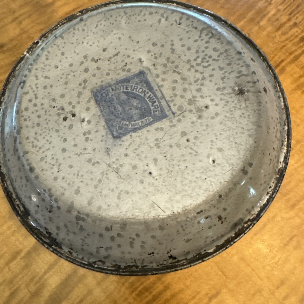 Authentic Antique Primitive Granite Iron Ware 9” Plate Pan Gray Speckle RARE