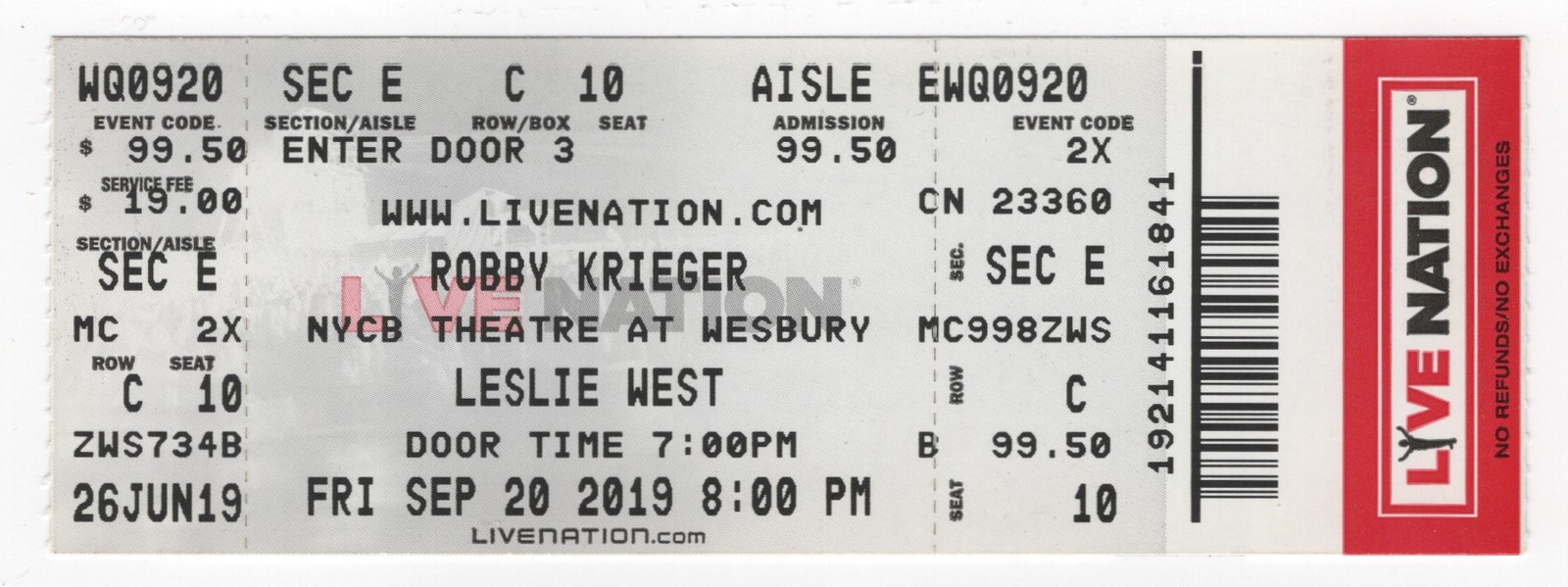 Robby Krieger 9/20/19 NYCB Theatre at Westbury NY Rare Full Ticket! The Doors