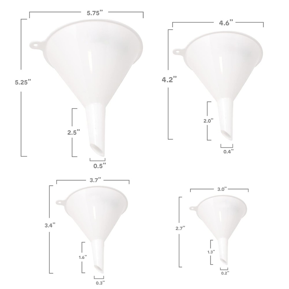 4pc Stackable Funnels, BPA Free, Kitchen, Oil Pouring, Laboratory, White