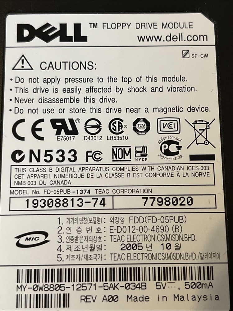 Dell N533 USB External Floppy Disk Drive Module Model FD-05PUB