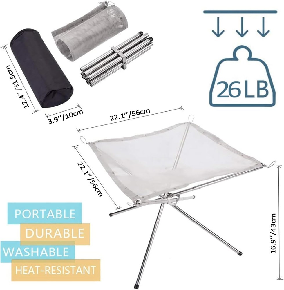 22″Portable Fire Pit for Camping,Large Upgrade Collapsing Stainless Silver