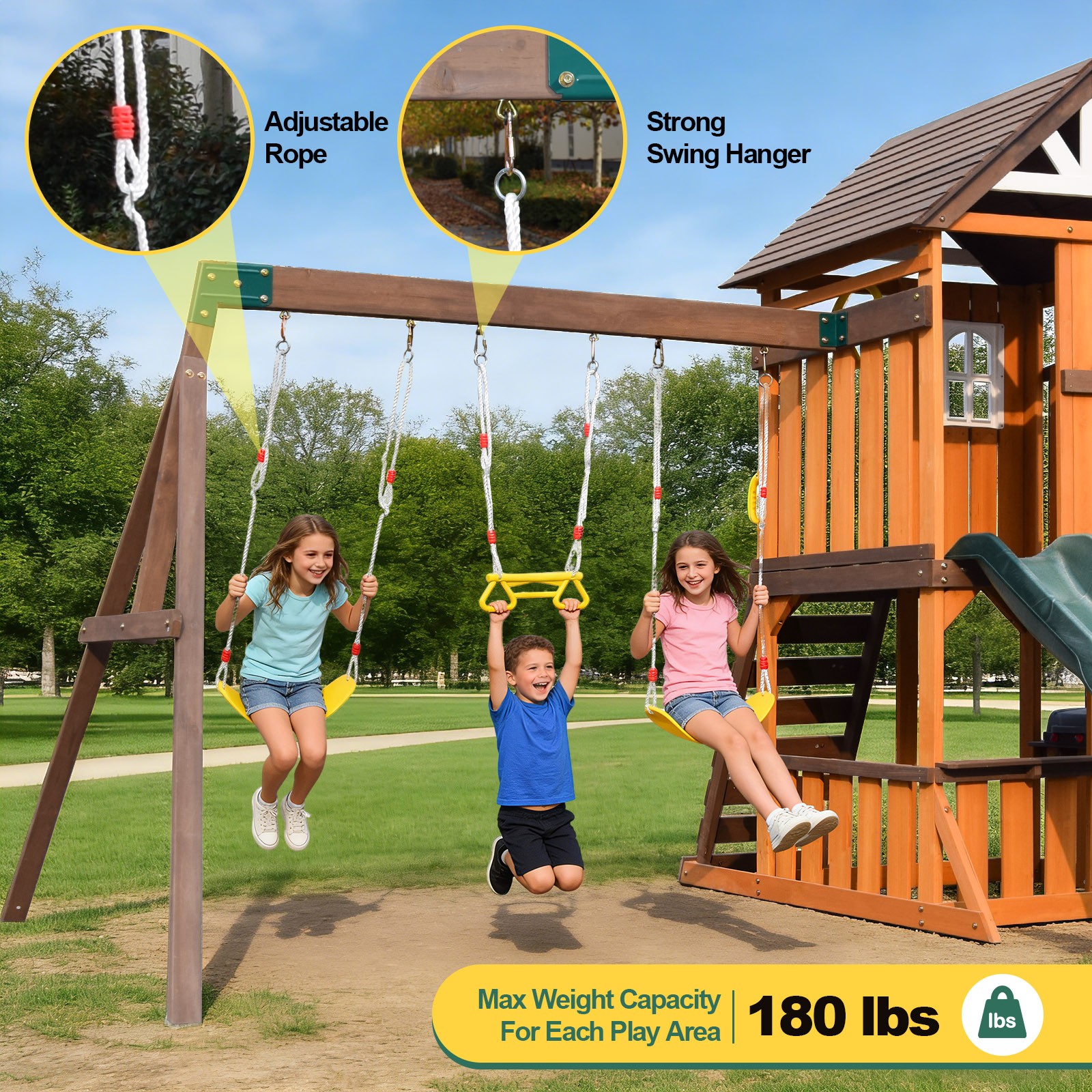 Large Wooden Kids Swing Slide Set Playhouse Kitchen,Rock Wall Outdoor Playground
