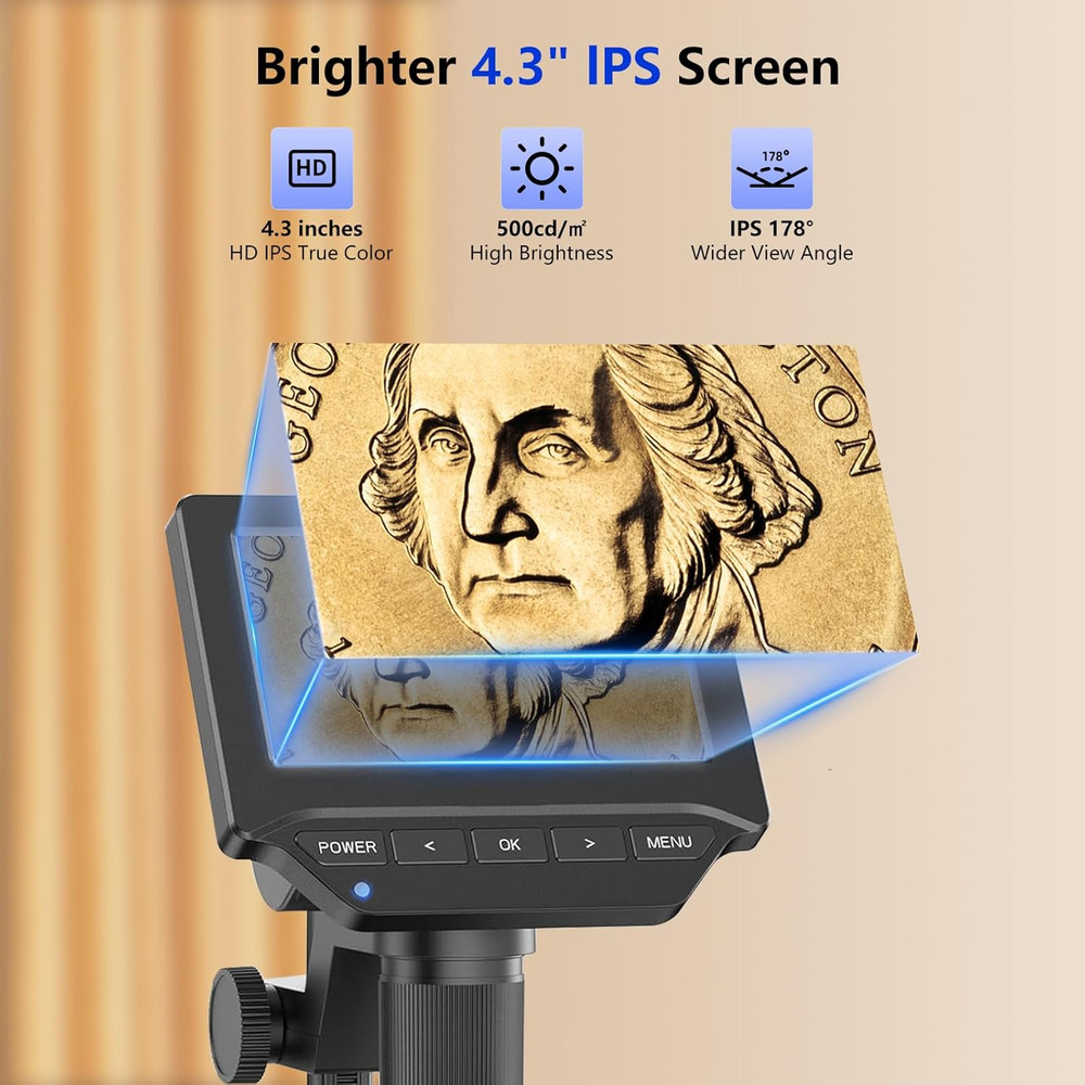 Digital Microscope,4.3" Digital Coin Microscope with Screen,With 8 Adjustable LE