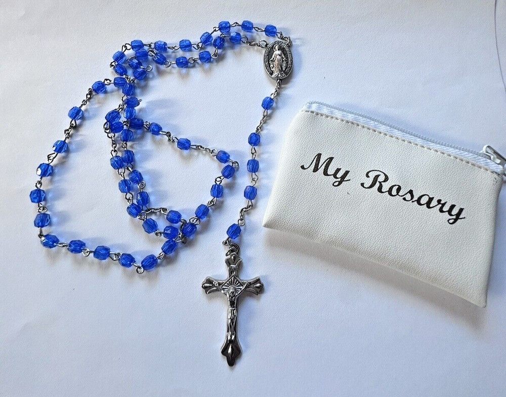 Estate 1960s Vintage Silver Tone Cobalt  Blue Crystal Rosary w Case
