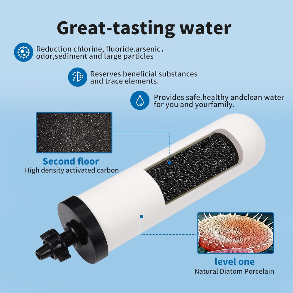 2 Pack 7in Ceramic Water Filter Candle Activated Carbon Gravity Filter System