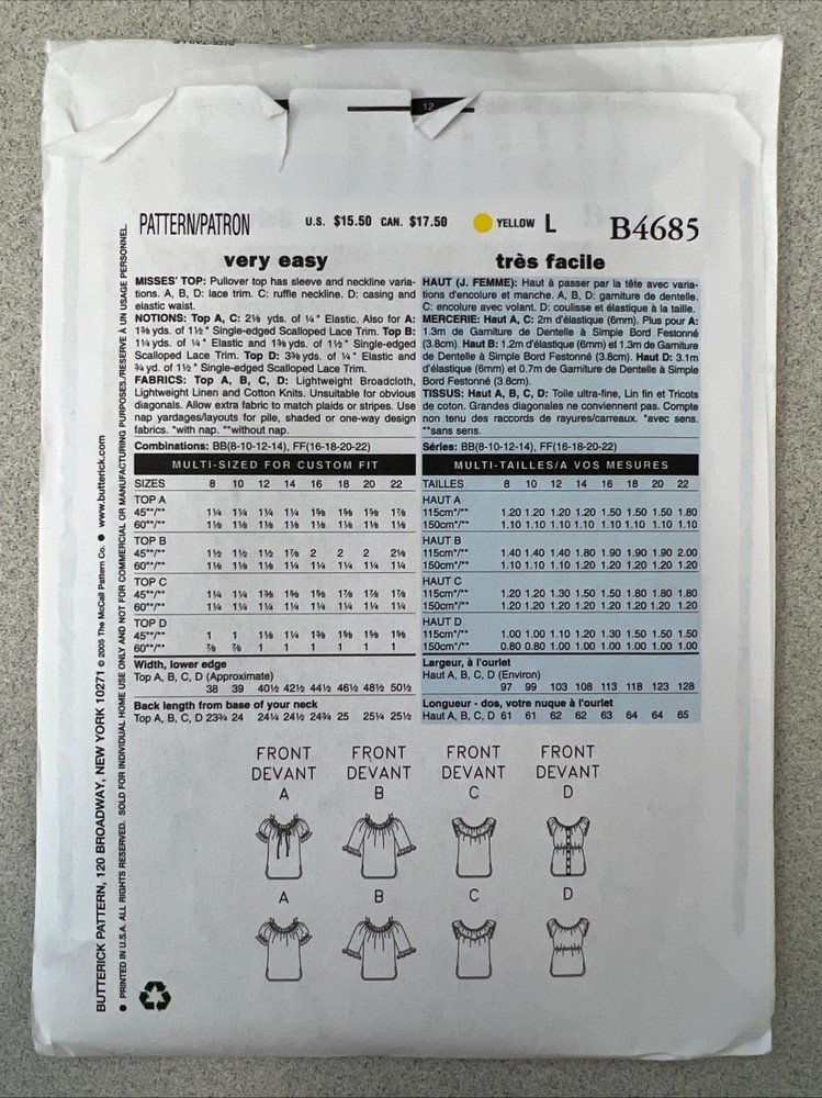 UNCUT Butterick B4685 Misses Pullover Tops with Variations (8-22) Sewing Pattern