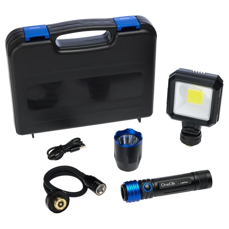 OneClik Interchangeable Rechargeable Flashlight Kit with Storage Case, New
