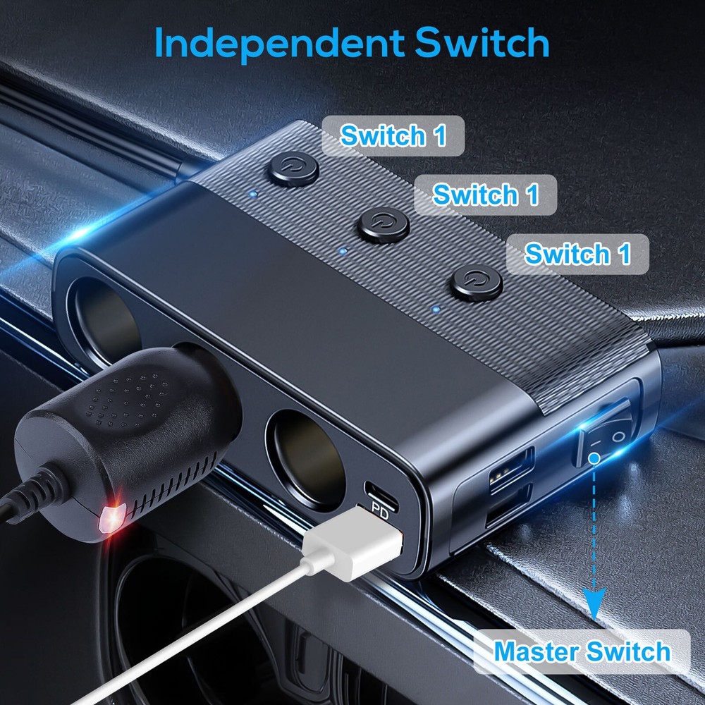 7-in-1 Car Cigarette Lighter Splitter USB-C PD QC3.0 LED Voltmeter 12-24V