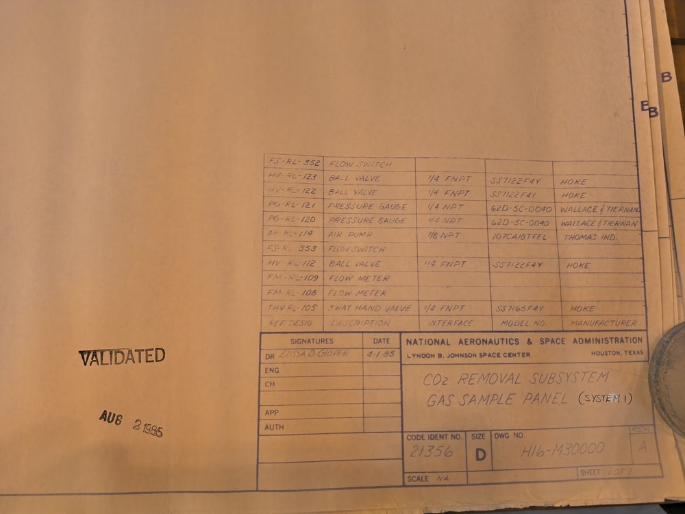 Vintage NASA Blueprint Schematic "CO2 Removal Subsystem" 1985