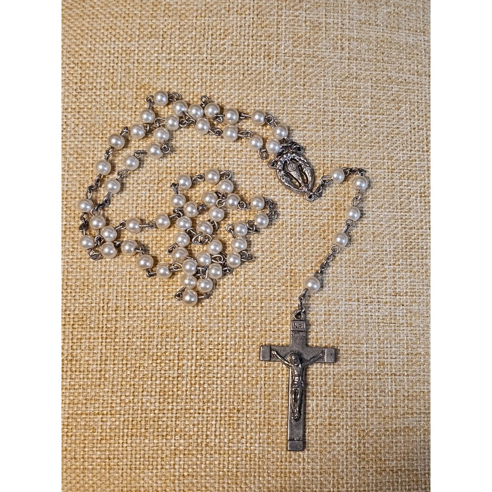 Vtg Silver Tone Crucifix Marked Autom Faux Glass White Pearls