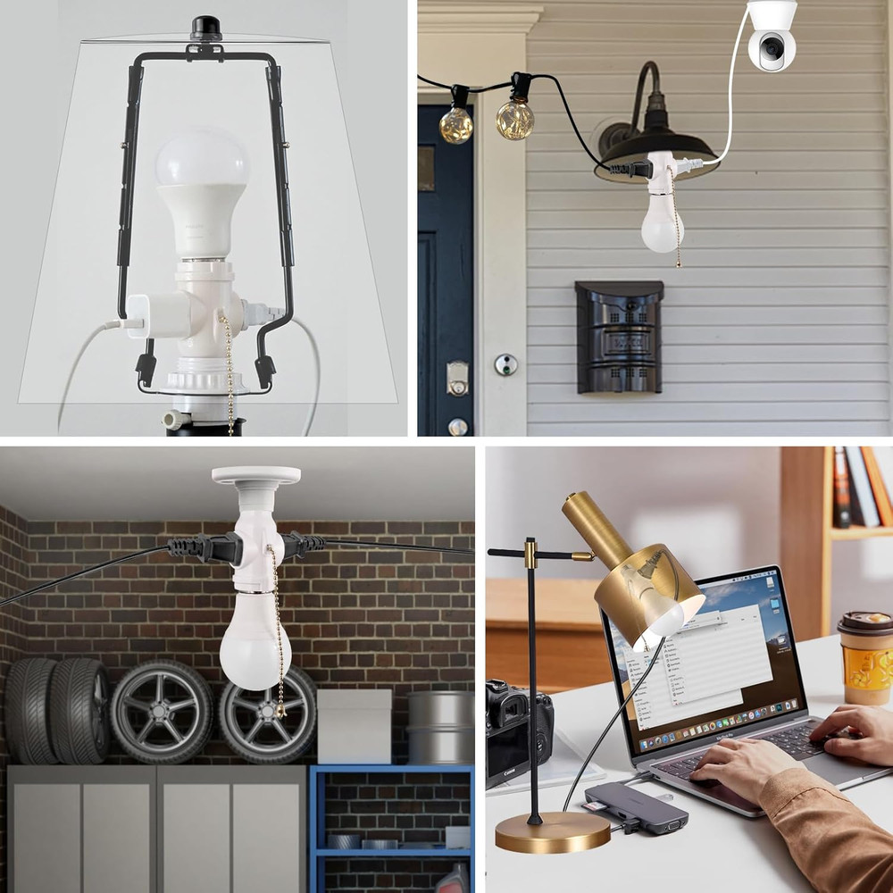 2 Outlet Light Socket Adapter with Pull Chain Switch White Medium Screw 2 Pack