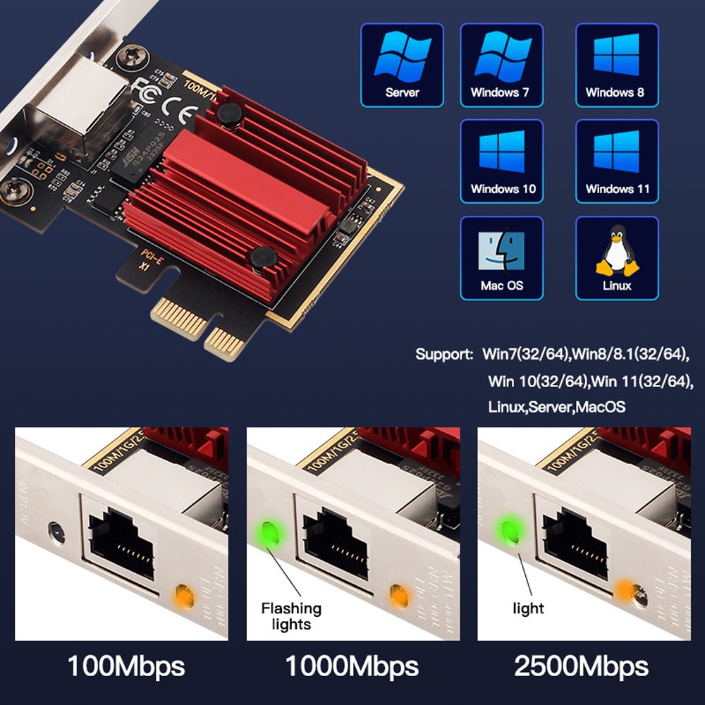 2.5GB PCIe Network Card PCIe to 2.5 Gigabit Ethernet Network Adapter for Windows