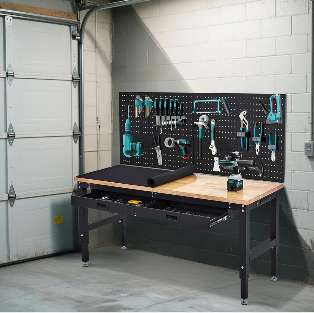 60-Inch Workbench with Power Outlets & Pegboard & Drawers Adjustable Work Table