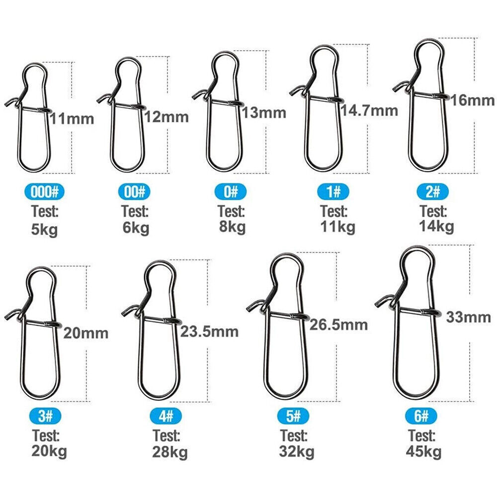 100PCS Fishing Snaps Fastlock Clips Lures Barrel Swivels 00#-6# Stainless Steel