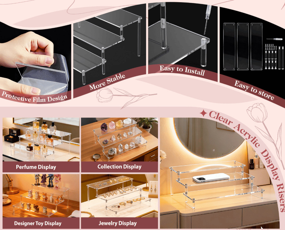 Acrylic Display Risers,Clear Display Risers Stand Small Mini Shelf 3 Tiered Cupc