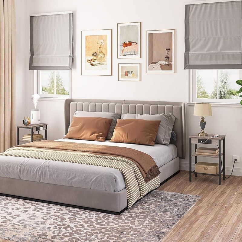 Multifunctional Side Table W/ Outlets USB Ports Adjustable Shelves Storage