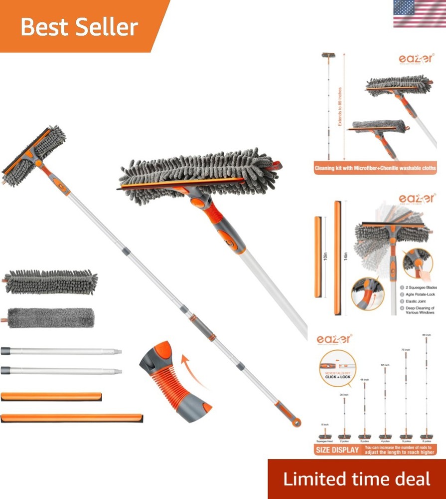 89'' Squeegee Window Cleaner 2 in 1 Rotatable Window Cleaning Tool Kit with E...