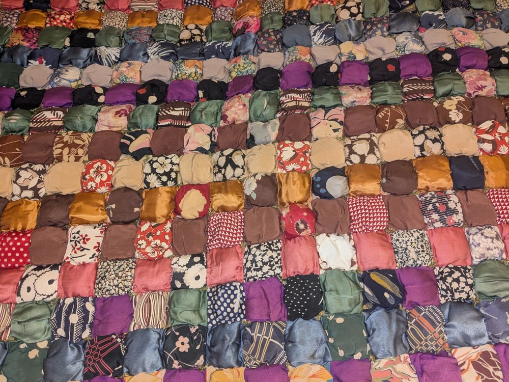 Unique Antique Puff Biscuit Patchwork Fabric Quilt ~ Green Back