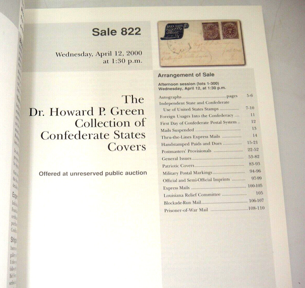 Siegel Auction Catalog 2000 w Prices Green Collection Confederate Covers