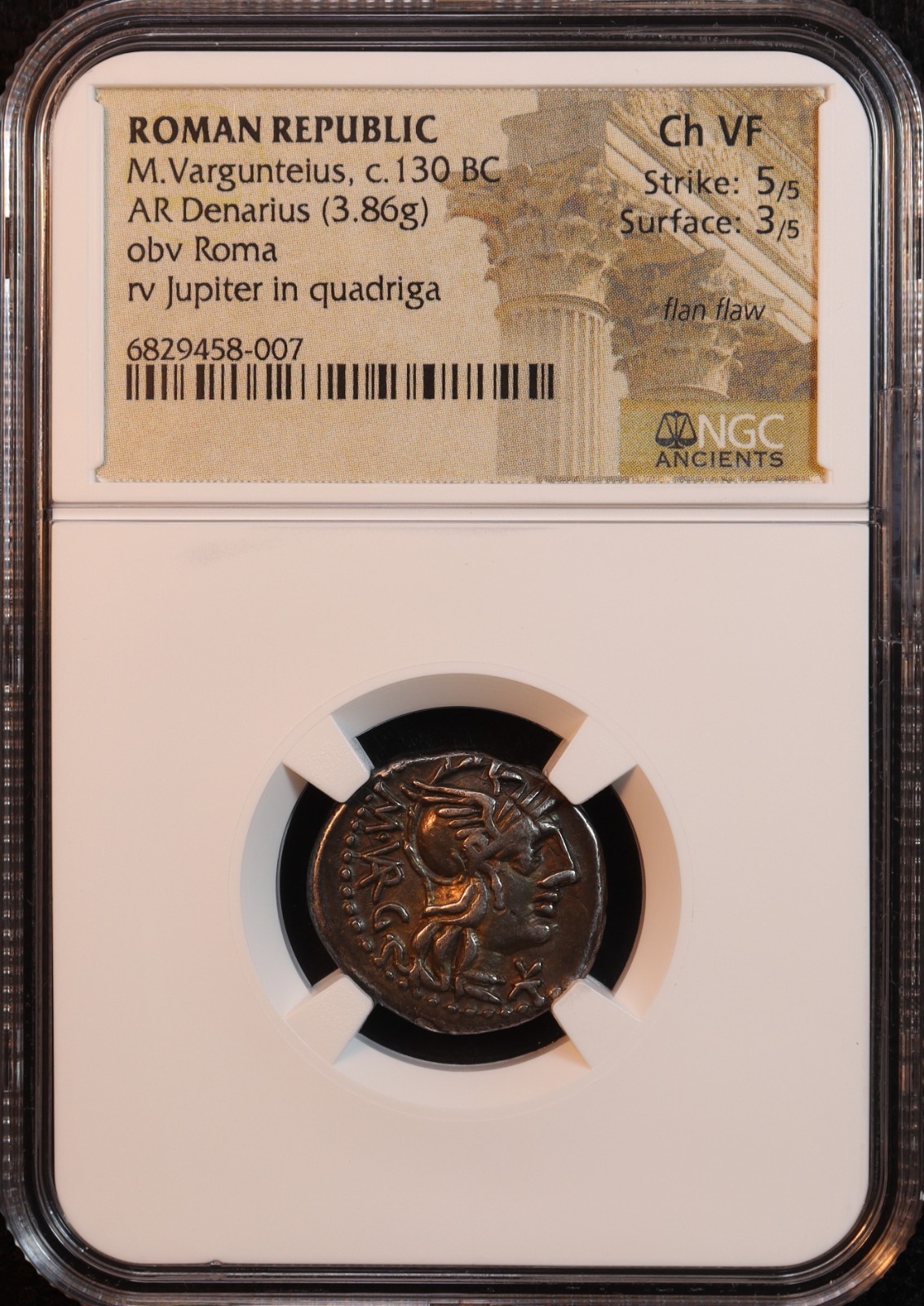 Roman Republic Vargunteius Denarius (130 BC) - NGC Ch. VF! Exquisite 5/5 Strike!