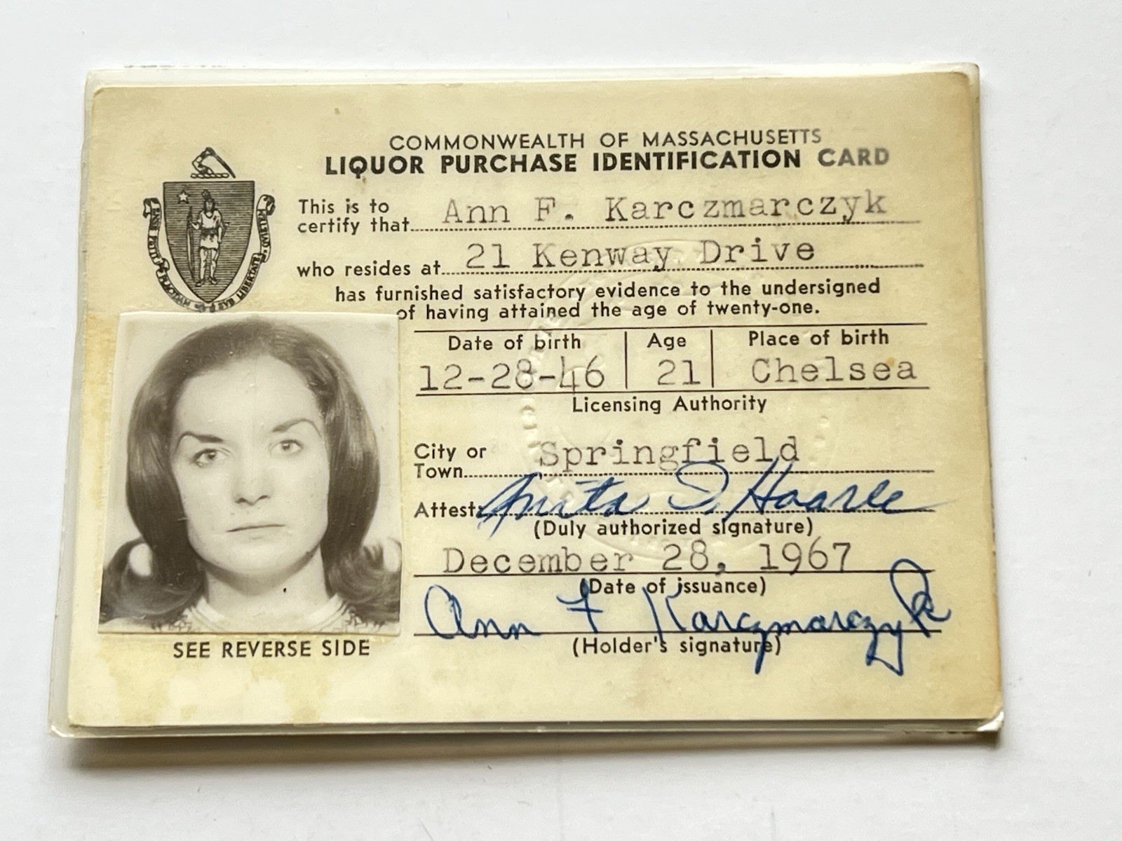 Vintage Massachusetts 1967 Liquor Photo ID Ann Karczmarczyk Springfield MA OFF3