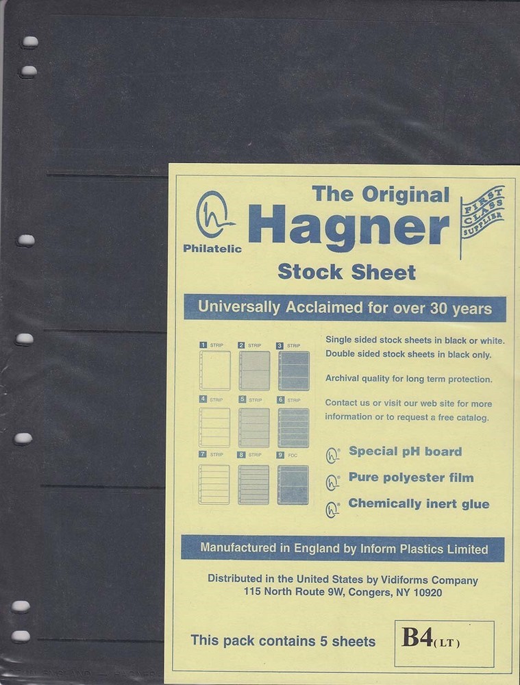 Stamp Album Stock Sheets Single Side 5 Pages 4 Row Black Polyester Film Hagner