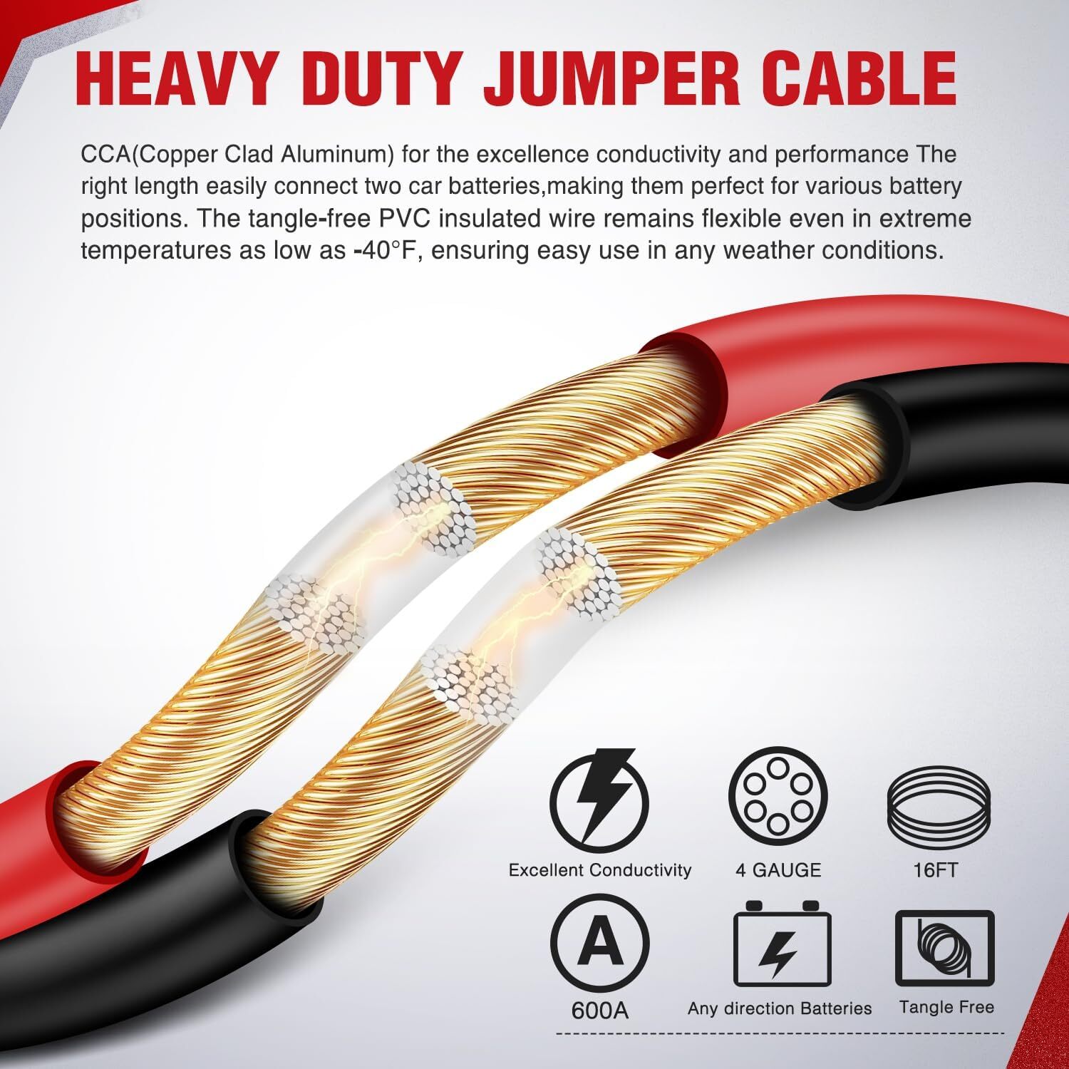 Nilight Jumper Cables for Car Battery 4 Gauge 16FT Booster Cable Heavy Duty 600A