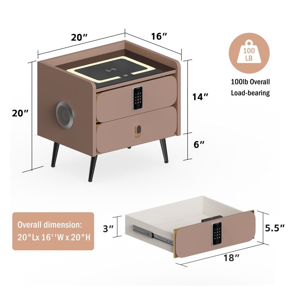 20" Tall Smart nightstand with combination lock &Bluetooth player(Light coffee)