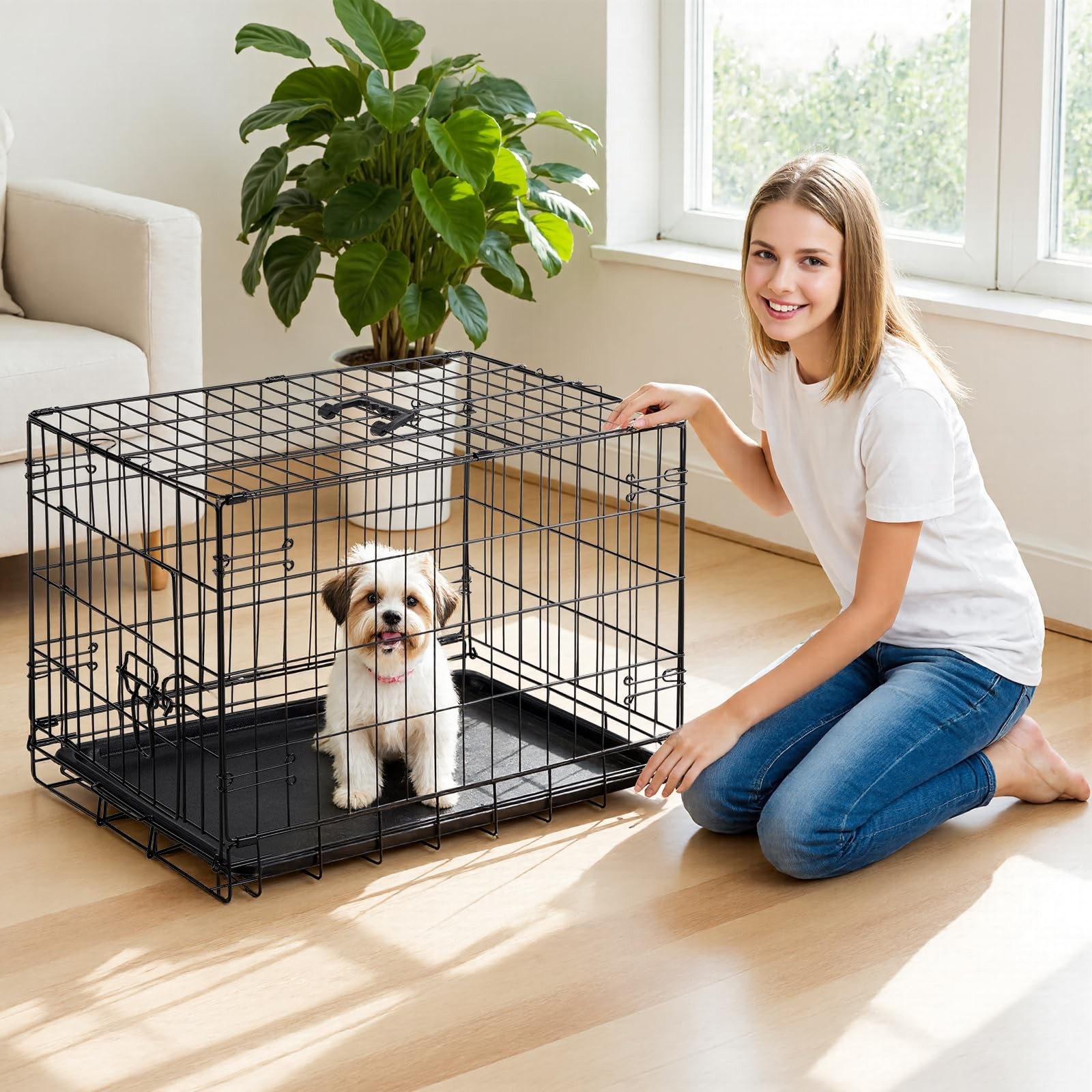 24 Inch Dog Crate Small Folding Metal Wire Cage w/ Leak Proof Tray