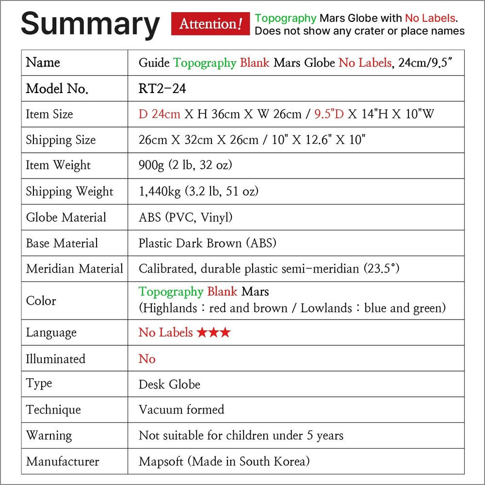 Mapsoft Guide Topography Blank Mars Globe No Labels, 24cm/9.5″, RT2-24