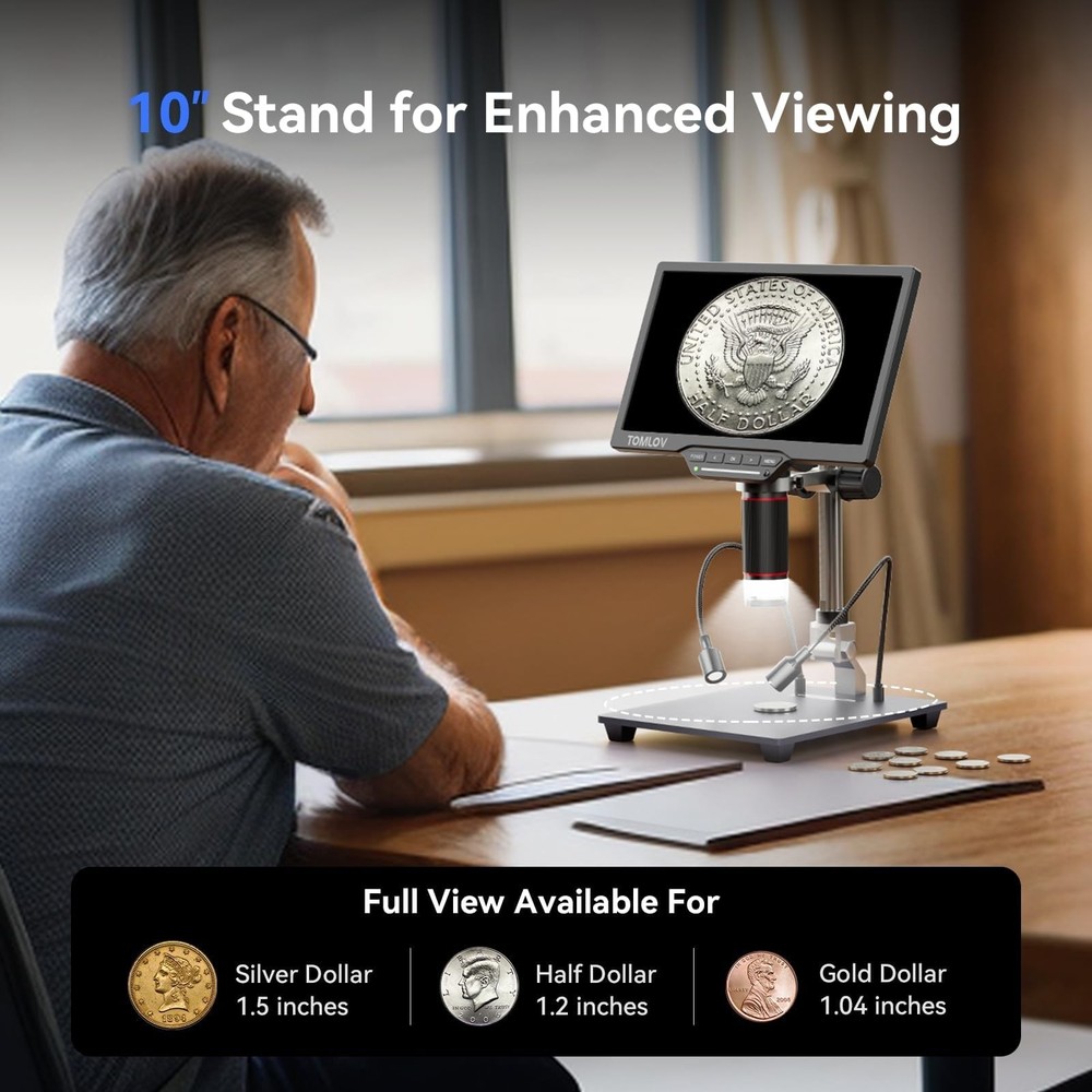 TOMLOV DM202 3K Digital Microscope 10.1" HDMI LCD Microscope, 38MP Coin Micro...