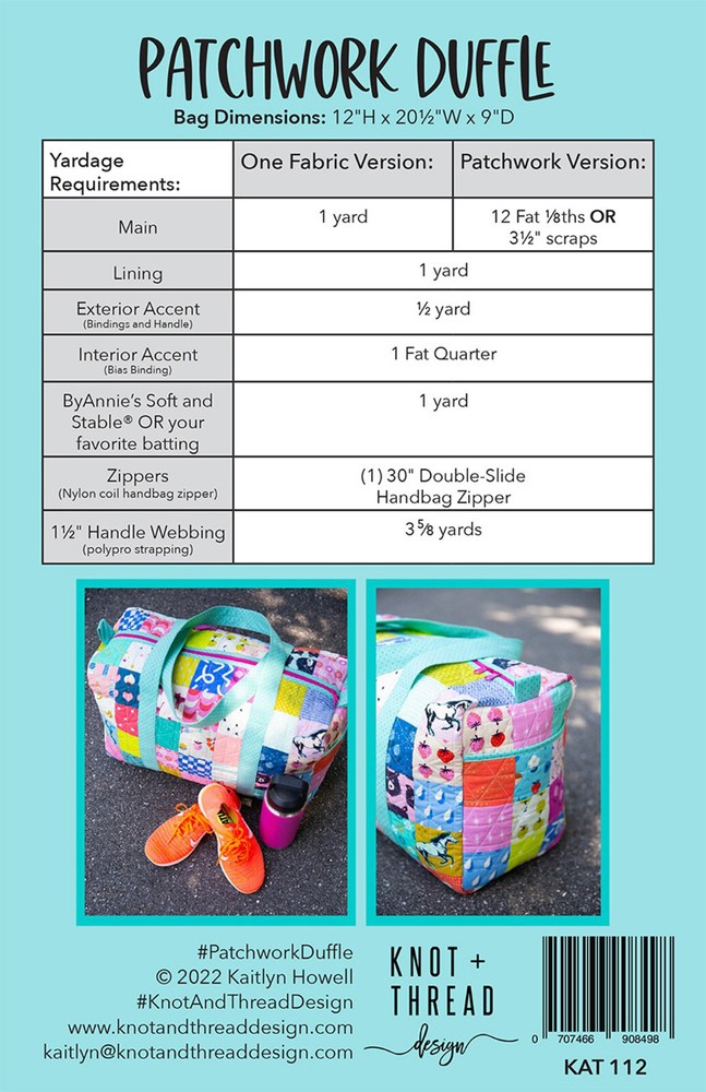 PATCHWORK DUFFLE BAG ~ Sewing Pattern ~ 12" H x 20.5" W x 9" D ~ Lined + Pockets