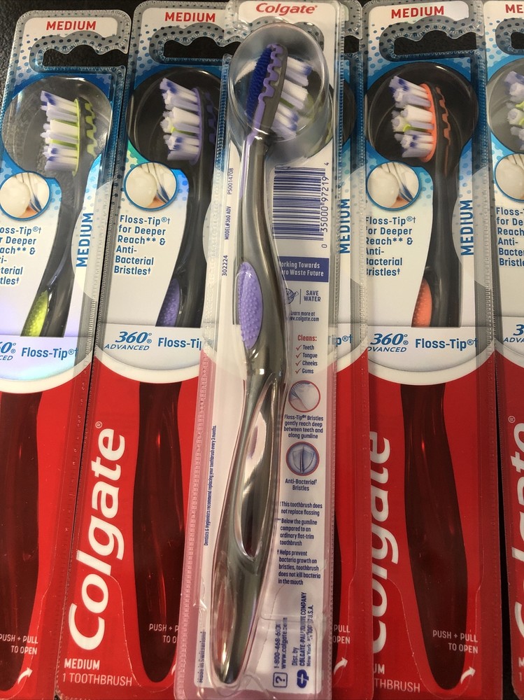 6 PACK Colgate 360 Advanced Floss-Tip Medium Toothbrushes, Various Colors [NEW]