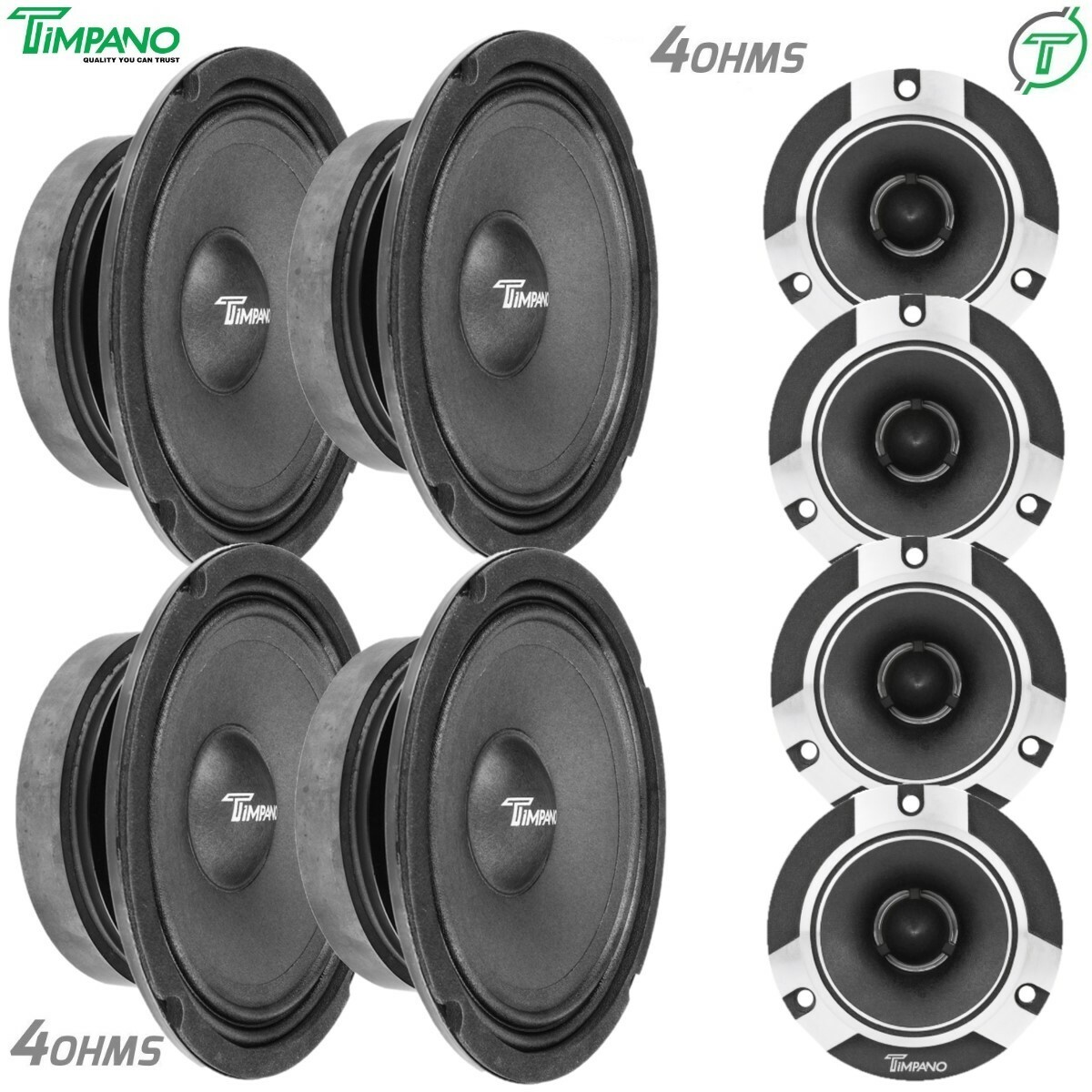 4x Timpano 6.5" Car Midrange Speakers TPT-MR6-4 SLIM + 4x TPT-ST2 Chrome Tweeter