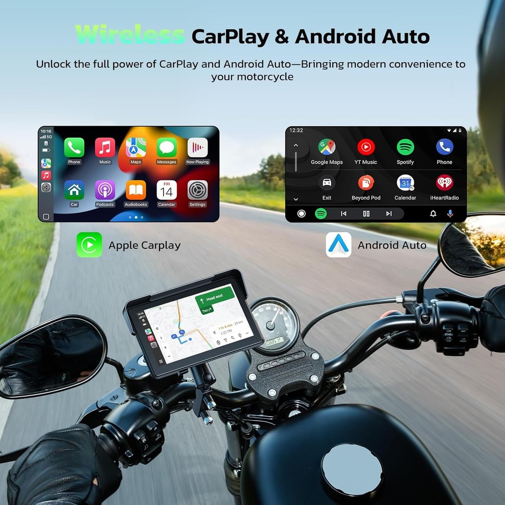 7" Waterproof Motorcycle Navigator Wireless CarPlay Android Auto Portable Screen