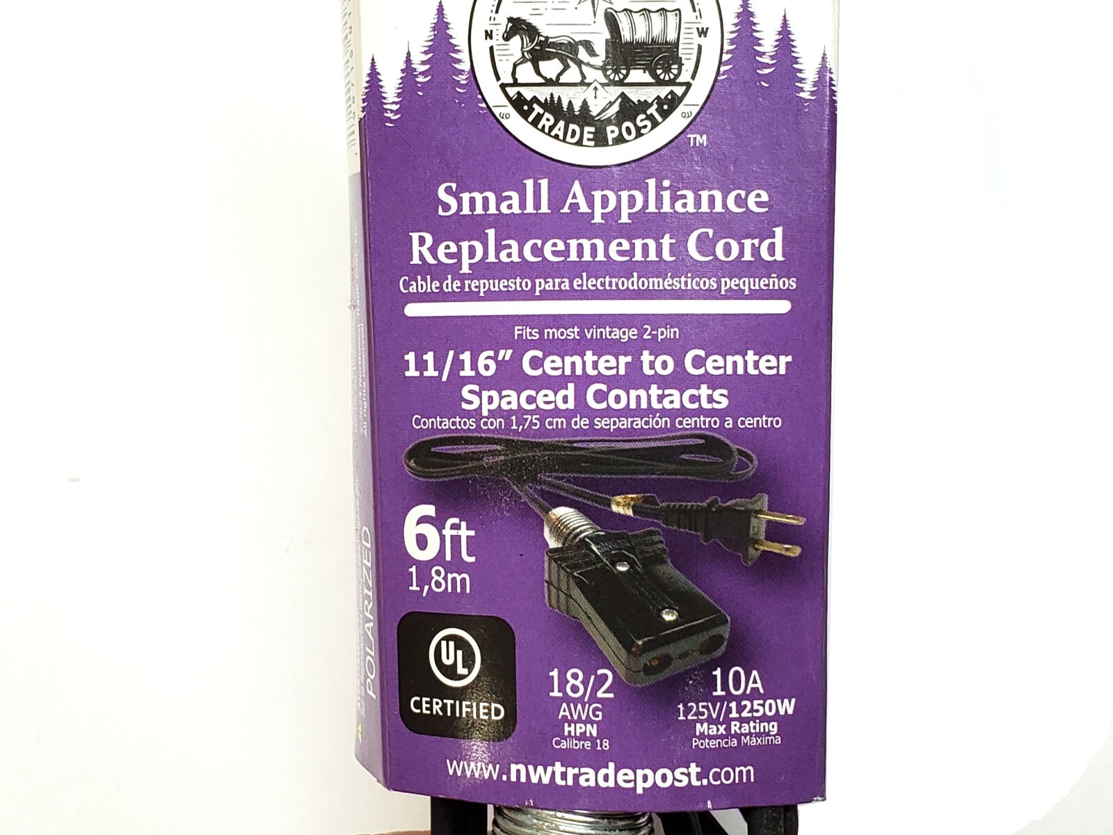 New 6' Vintage Appliance Replacement Power Cord 11/16" Center To Center Contacts