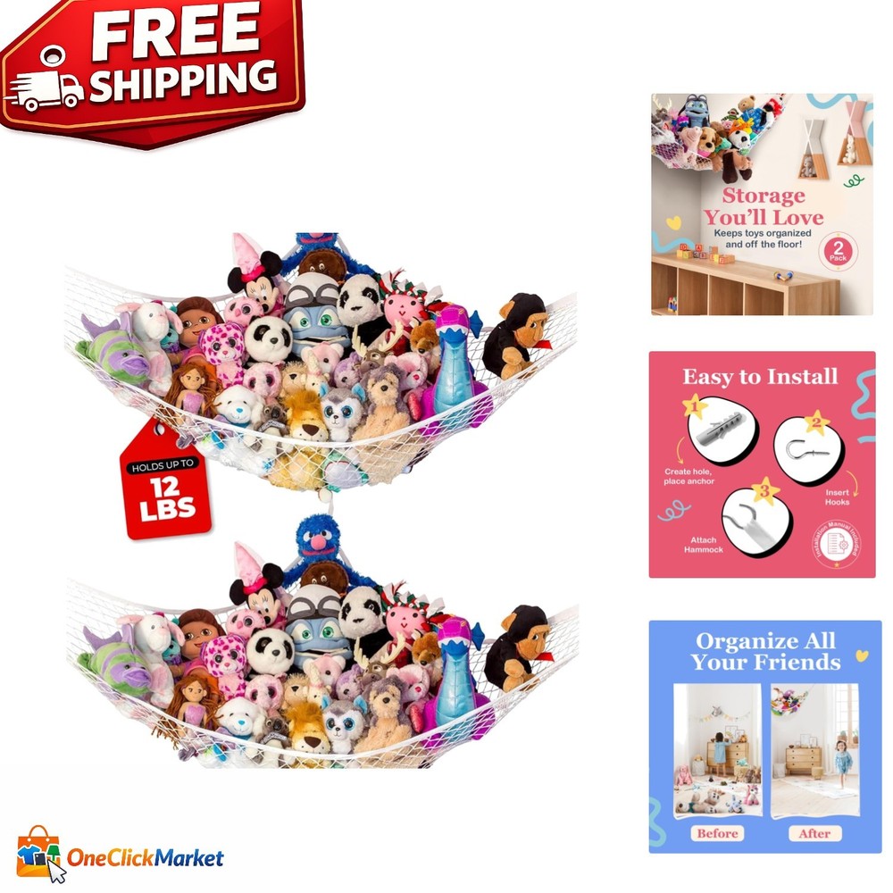 Space-Saving Stuffed Animal Hammock - Corner Storage Solution, 67" x 47", 2 Pack