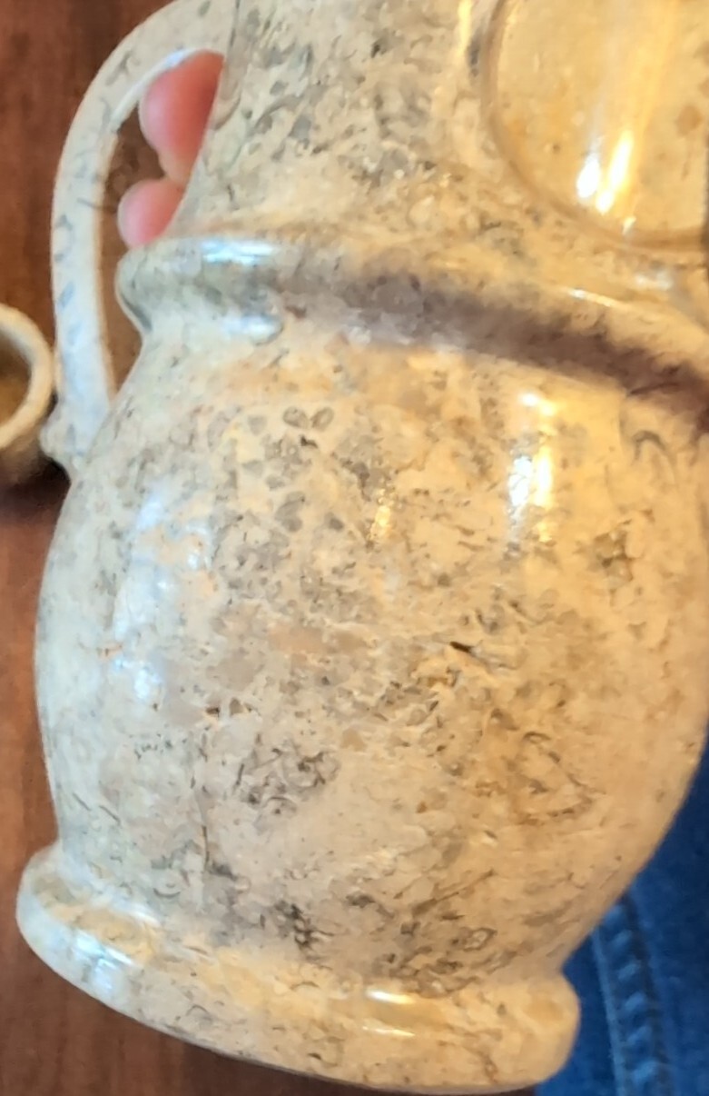 Vtg Marble Stone Tea Set: Pot + Six Cups Gray Brown Marble Patchwork