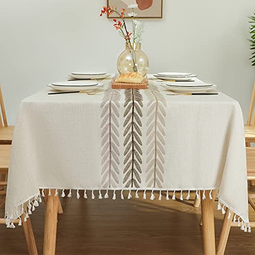 Rustic Cotton Linen Table 86" x 55" (Rectangular) Beige, Wine Leaf