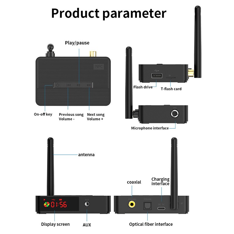 NFC Wireless Bluetooth 5.3 Audio Receiver Wireless Stereo HiFi AUX RCA TF