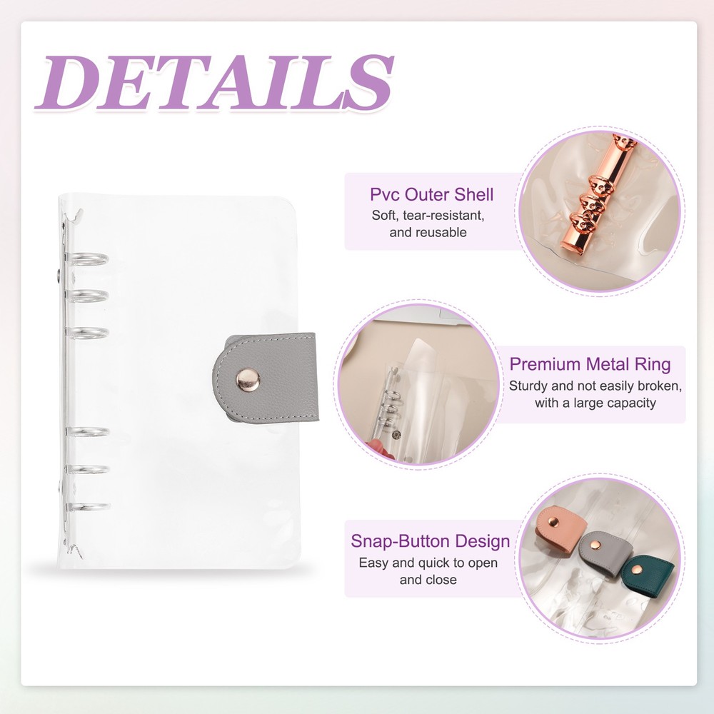 A6 Clear Notebook Binder, 6-Ring Refillable Planner Cover Binder, Gray