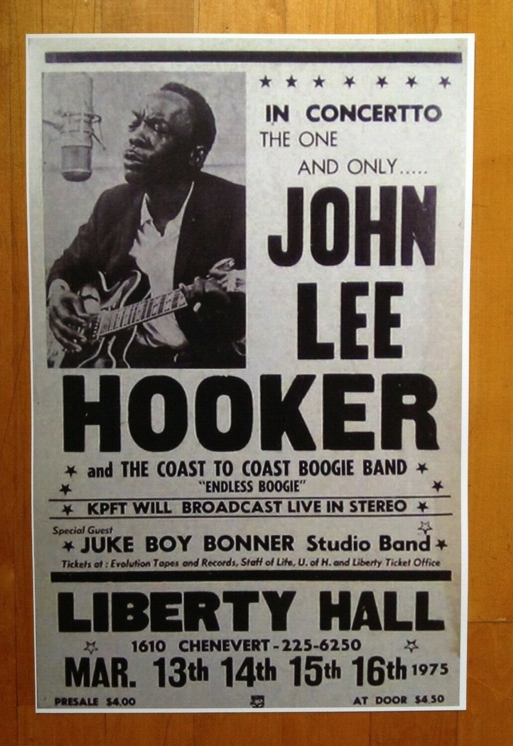 John Lee Hooker at The Liberty Hall Theatre Concert Poster 1975 11 X 17